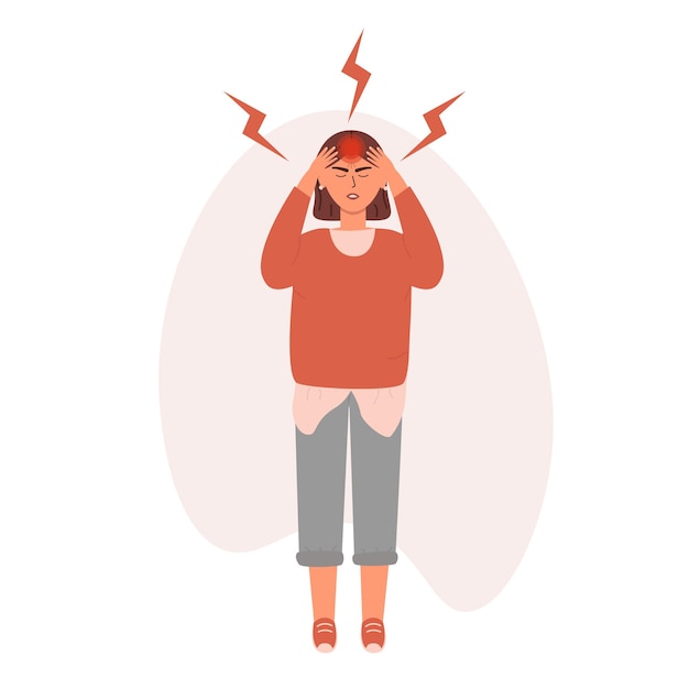 Vector young woman having a headache or migraine and suffering for this