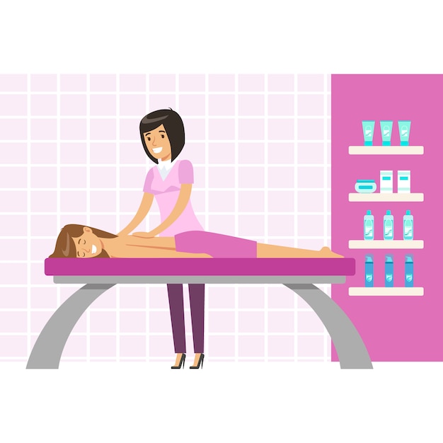 Young woman having a massage in a wellness studio. Colorful cartoon character 