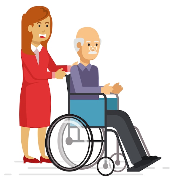 Young woman helping an elderly man with a walker