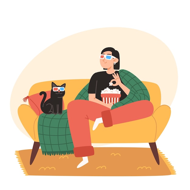 A young woman and her cat are sitting on a cozy sofa and watching a movie