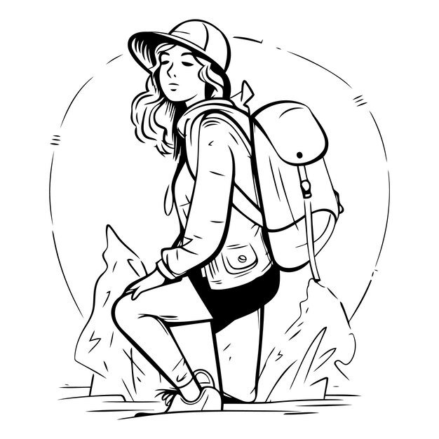 Vector young woman hiker with backpack and hat in sketch style