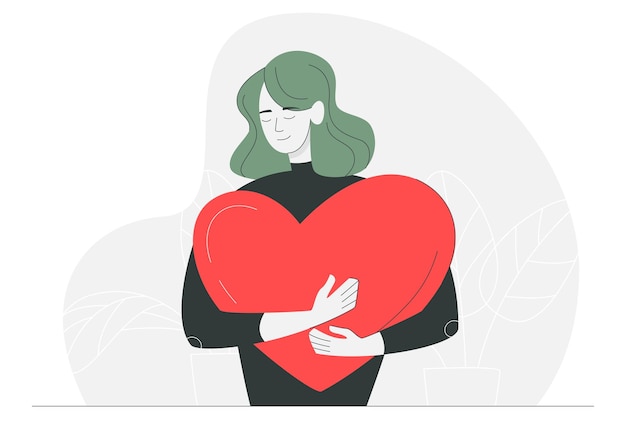 Vector young woman holding a big heart in her hands vector illustration of a woman love concept