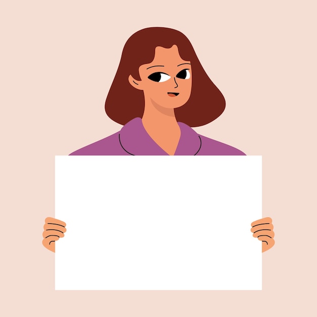 Vector young woman holding blank placard poster mockup