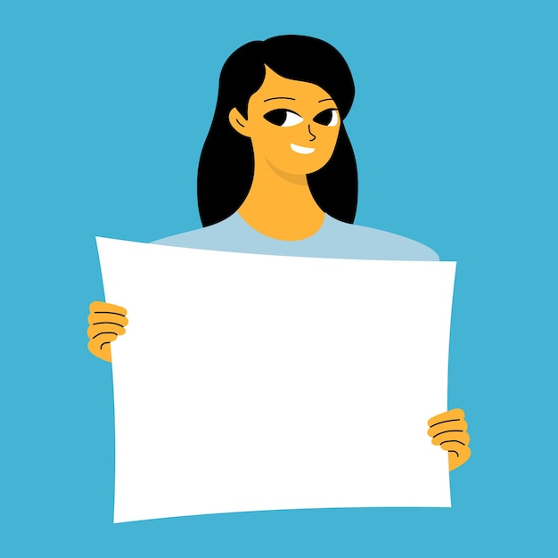 Vector young woman holding blank placard poster mockup