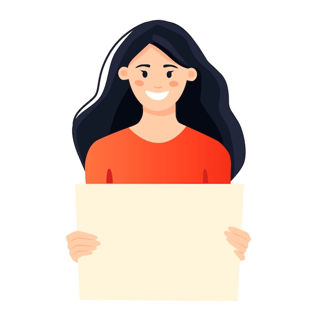 A young woman holding a blank poster with place for text Hand drawn style vector trendy illustration