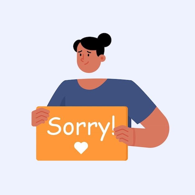 Young woman holding board with sorry word