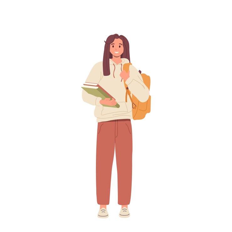 Vector young woman holding books in hand and carrying bag on shoulders vector illustration on white