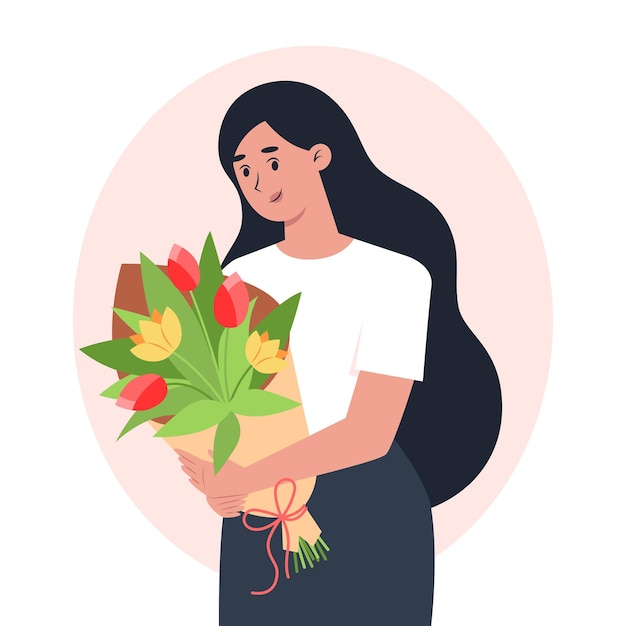 Young woman holding a bouquet of flowers, congratulation for women