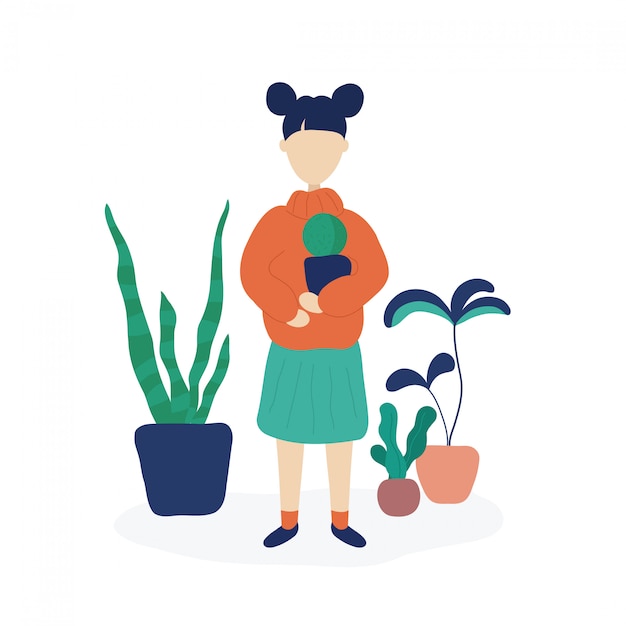 Young woman holding cactus in hands, surrounded by home plants.  flat style illustration