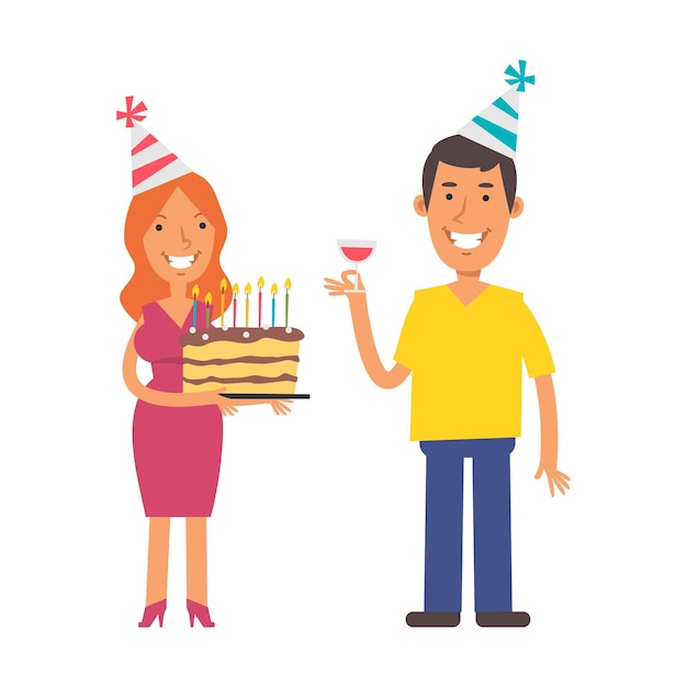 Young woman holding cake Young man holding glass of wine Birthday of man Vector characters