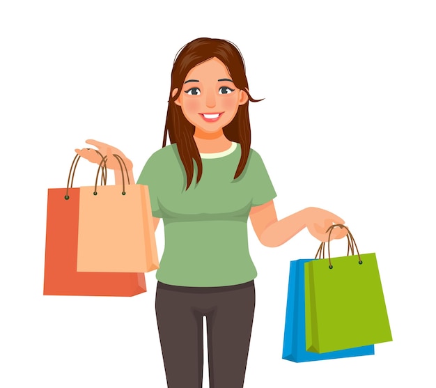 Vector young woman holding colorful shopping bags paper