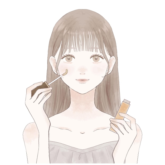 Young woman holding concealer in one hand.