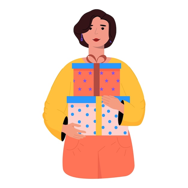 Vector young woman holding gift boxes with presents flat vector illustration