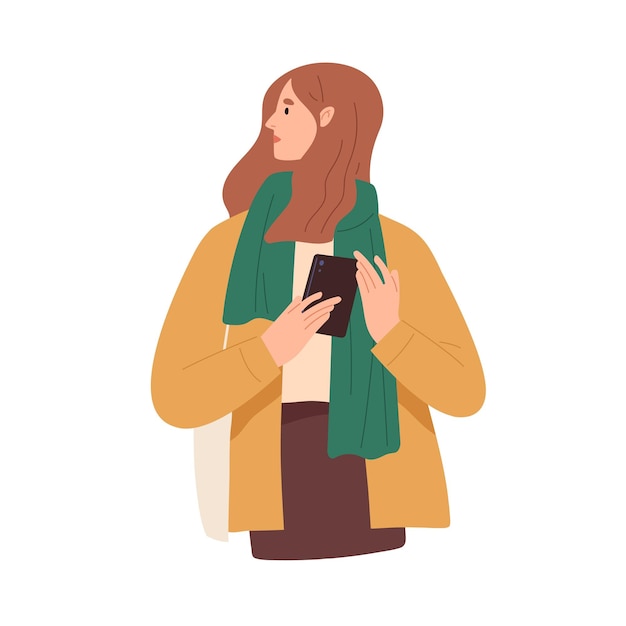 young woman holding mobile phone person with smartphone in hand standing outdoors female with cellphone on street people and gadget flat vector illustration isolated on white background
