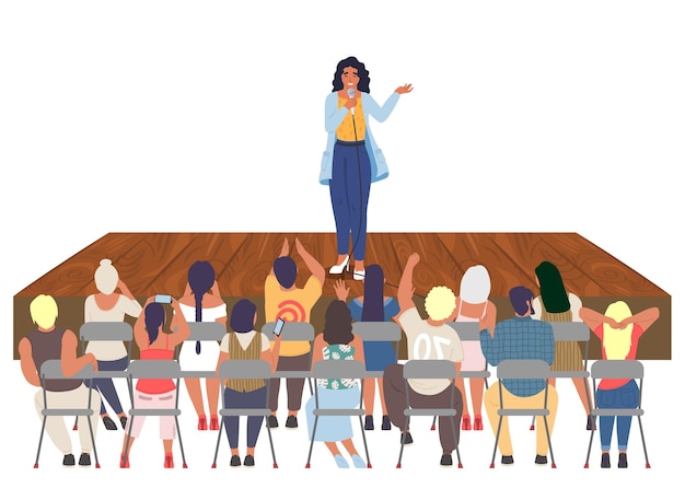 Young woman holding public speech on rural stage