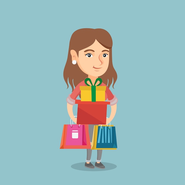 Vector young woman holding shopping bags and gift boxes.