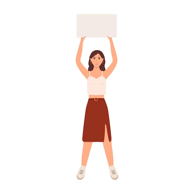 Young woman holding sign Vector flat illustration with protesting woman