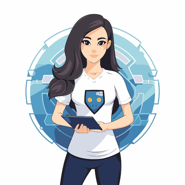 Vector young woman holding a tablet computer vector illustration in cartoon style