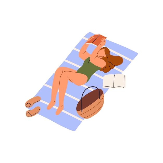 Молодая женщина держит в руках бумажную книгу, читает на одеяле, счастливая девушка лежит на пляже, загорает в морских отдыхах, люди отдыхают на берегу моря летом, плоская изолированная векторная иллюстрация на белом