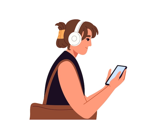 young woman holds phone in hands communicates online on the go girl listens to music with headphones scrolls social networks in smartphone while walk flat isolated vector illustration on white