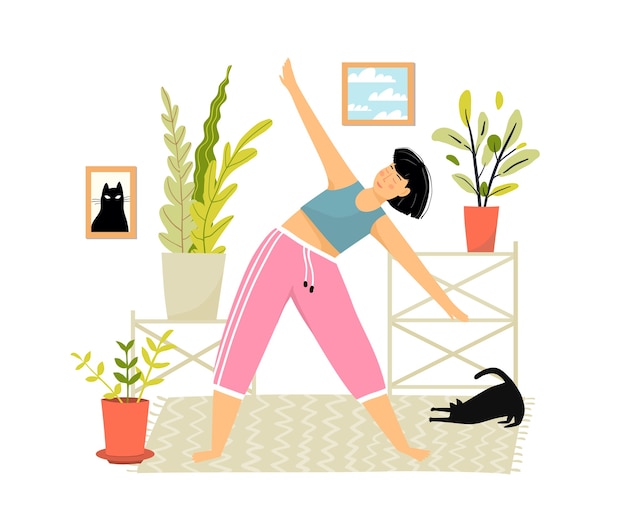 Vector young woman at home doing sports exercises