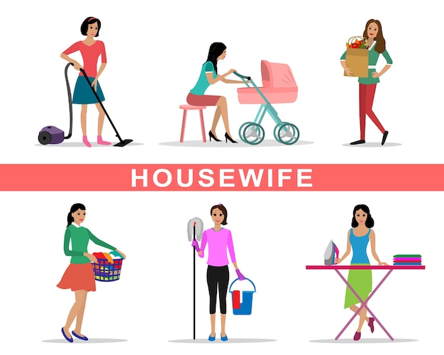 Young woman housewife set doing housework   illustration