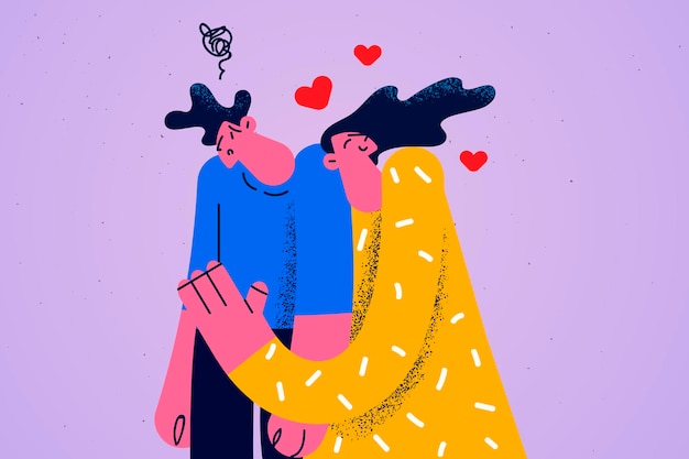 Young woman hug cuddle confused man show love and affection. Couple relationship problems. One-sided unshared feeling. Husband think of divorce or breakup with wife. Flat vector illustration.