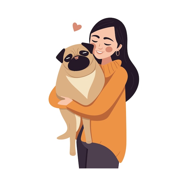 Vettore giovane donna che abbraccia un cane pug con illustrazioni vettoriali d'amore su sfondo bianco