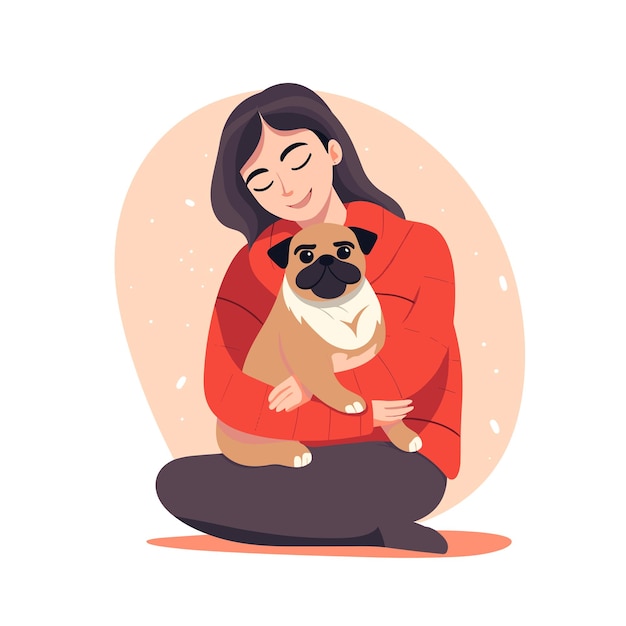 白い背景の愛のベクトルイラストでパグ犬を抱きしめる若い女性