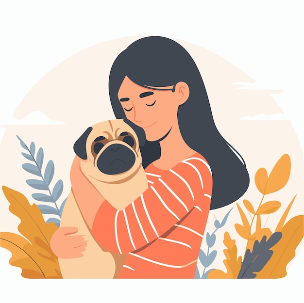 Giovane donna che abbraccia un cane pug con illustrazioni vettoriali d'amore su sfondo bianco