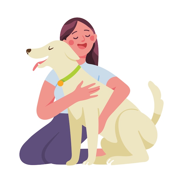 Vector young woman hugs her dog lovingly