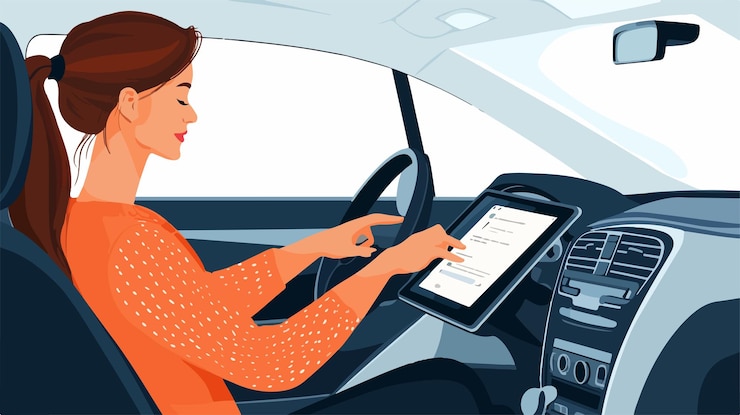Vector young woman inside a car using a digital tablet for productivity and relaxation during a road trip
