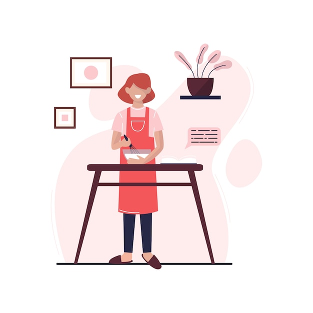 Young woman is cooking in the kitchen. woman prepares food  at home.  flat vector illustration.