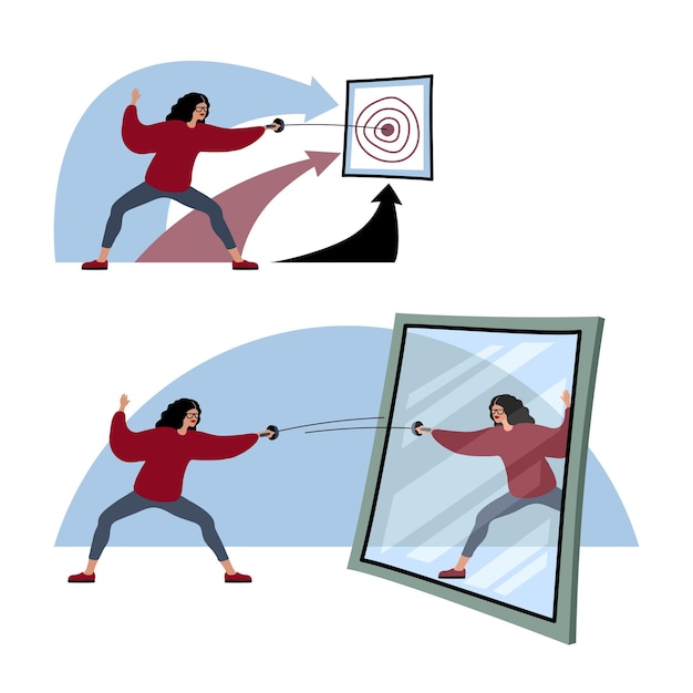 Vector a young woman is fencing with her reflection in the mirror a duel with yourself fighting bad habits