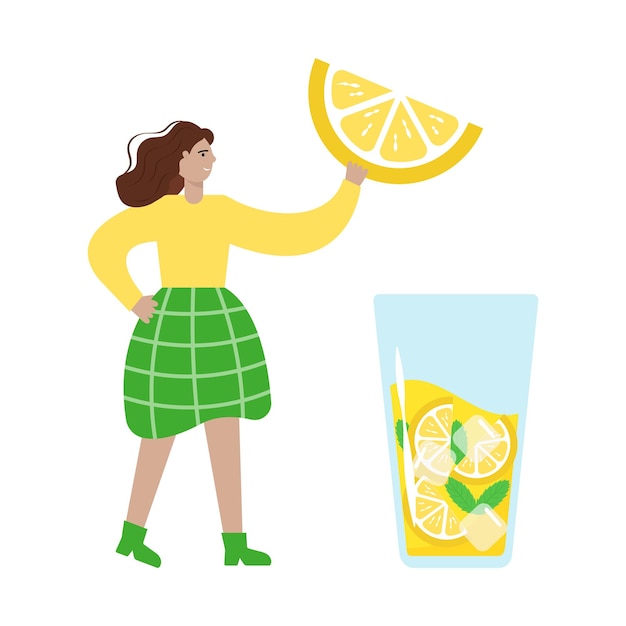 Una giovane donna tiene in mano un'enorme fetta di limone per un cocktail o una limonata.
