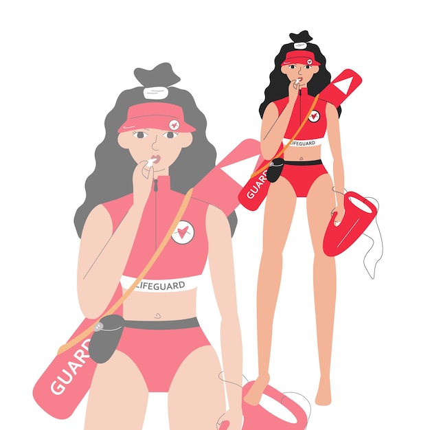 Vector a young woman is a lifeguard on beach female professional rescuer on duty emergency during summer