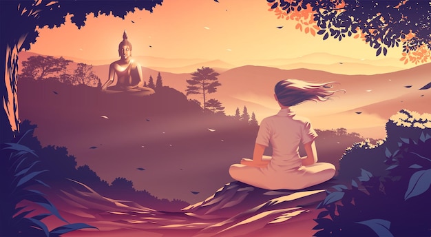 a young woman is meditating on the top of a mountain