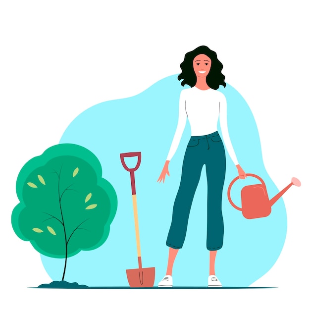 A young woman is planting and watering a tree Vector flat illustration