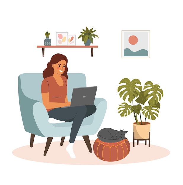 Vector young woman is relaxing on comfortable chair and using laptop.