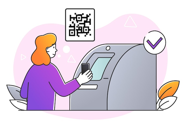 Вектор Молодая женщина сканирует qr-код с помощью смартфона для оплаты красочного линейного шаблона для посадки