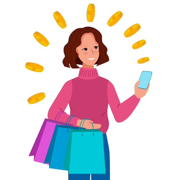 A young woman is shopping and holding a smartphone. the money from the purchases is returned to her card. vector concept of cashback.