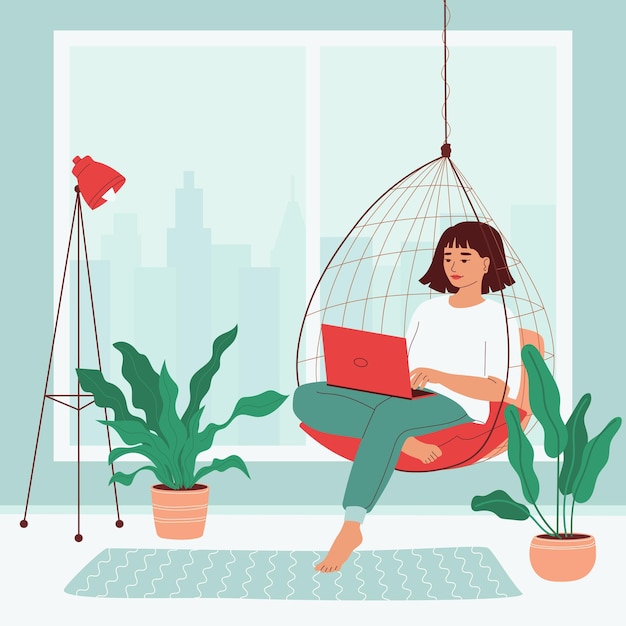 Vector young woman is sits with laptop in hanging chair in room