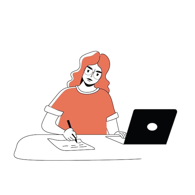 Young woman is sitting at her laptop, taking notes.The concept of online learning. Distance learning. Student does homework on an isolated white background. Vector illustration in the doodle style.