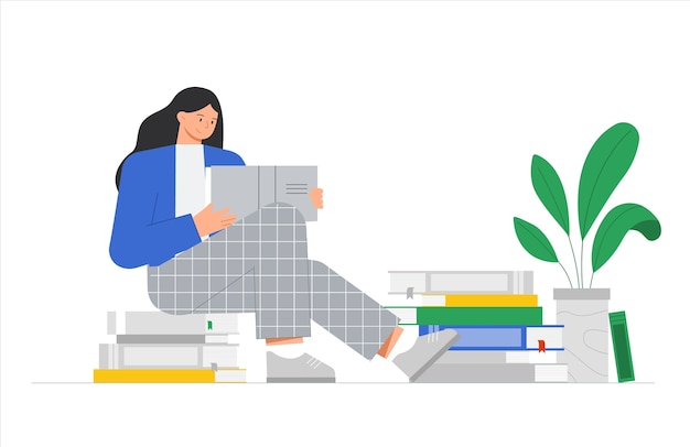 young woman is sitting on a stack of books and reading a book.