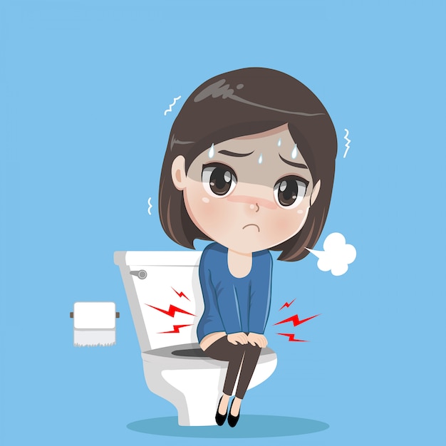 Young woman is sitting in the toilet.