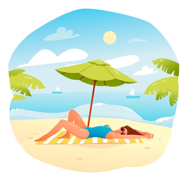 A young woman is sunbathing on the beach on the sand summer poster cartoon vector illustration