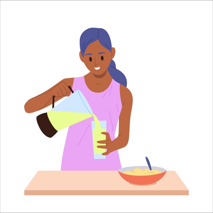Vector young woman isolated cartoon character cooking cereals porridge and fresh juice on breakfast