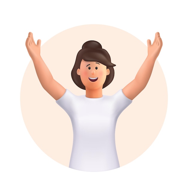 Young woman jane celebrating goal achievement, victory. concept of victory and success. win, raised hands, hands up gesture. 3d vector people character illustration.