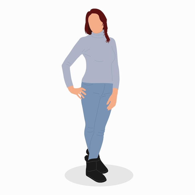 Vector young woman in jeans and ugg boots stands in a good mood