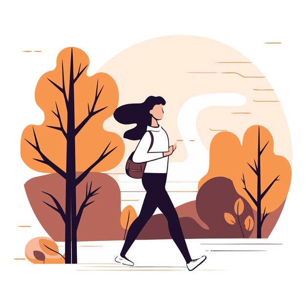 Vector young woman jogging in autumn park in flat style